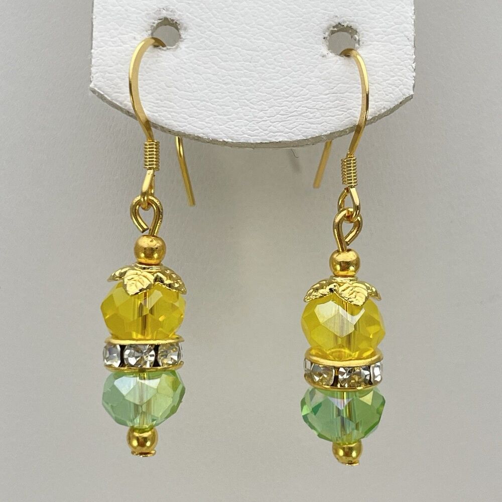 18K Gold Plated Yellow Green Glass Beaded Dangle Earrings Cute Unique